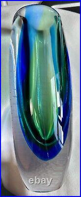 Kosta Boda Glass Vase Signed by Göran Wärff Cobalt Blue Green Bubbles