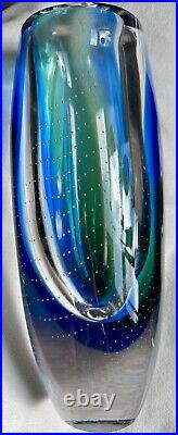 Kosta Boda Glass Vase Signed by Göran Wärff Cobalt Blue Green Bubbles