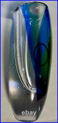 Kosta Boda Glass Vase Signed by Göran Wärff Cobalt Blue Green Bubbles