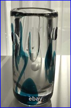Kosta Vicke Lindstrand Vase Signed Clear Glass With Blue Decor 1960's Sweden EC