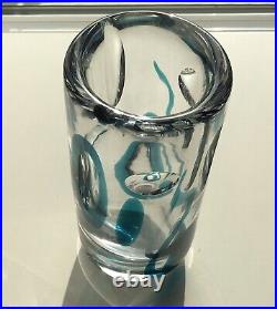 Kosta Vicke Lindstrand Vase Signed Clear Glass With Blue Decor 1960's Sweden EC
