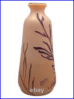 LEGRAS Fench Cameo Mauve Over Amber Aquatic Theme Glass Vase SIGNED