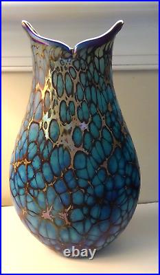 LG Signed Jack Pine Studio Art Glass Webbed Vase Blue Iridescent 2018 14 Tall