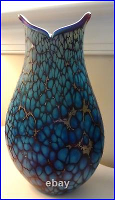 LG Signed Jack Pine Studio Art Glass Webbed Vase Blue Iridescent 2018 14 Tall