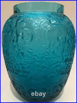 Lalique Biches Vase in Turquoise Crystal Excellent Condition Signed with Box