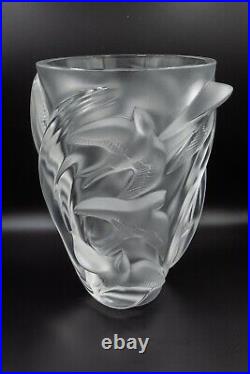 Lalique France Crystal Martinets Sparrow Bird Vase 9 3/4 H Frosted Glass