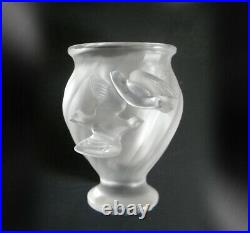 Lalique signed bird vase with two flying birds on front
