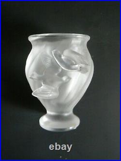 Lalique signed bird vase with two flying birds on front
