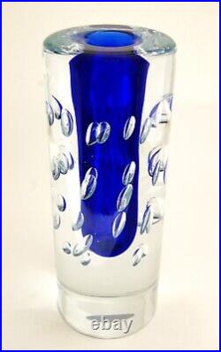 Large 10 Bohemian Art Glass Vase Clear with Blue and Controlled Bubbles Signed