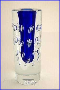 Large 10 Bohemian Art Glass Vase Clear with Blue and Controlled Bubbles Signed