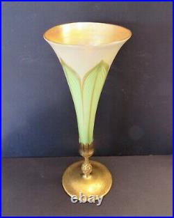 Large 14.5 Tiffany Studios Favrile Pulled Feather Trumpet Vase with Bronze Base