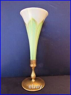 Large 14.5 Tiffany Studios Favrile Pulled Feather Trumpet Vase with Bronze Base