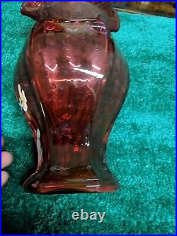 Large 9 Fenton Cranberry Paneled Vase Hand Painted Signed By Artists Vintage