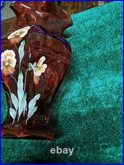 Large 9 Fenton Cranberry Paneled Vase Hand Painted Signed By Artists Vintage