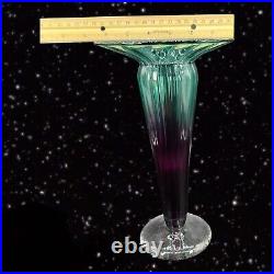Large Art Glass Trumpet Glass Signed Hand Blown Uranium Green Purple Textured