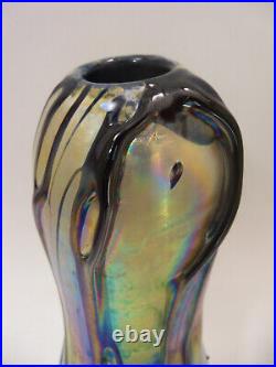 Large Iridescent Applied Hand Blown Art Glass Vase Signed & Dated 1973