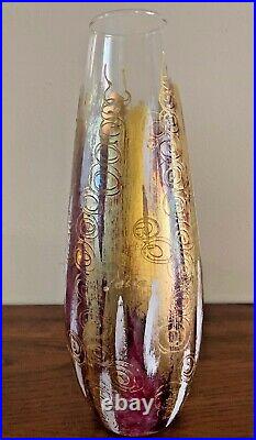 Large Italian Art Glass Vase Abstract Hand Painted Signed Blown Glass Vase