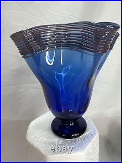 Lawrence Ruskin Signed Vase Art Glass Blue Mauve Stripes Chihuly School