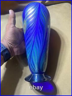 Liberty Village 1979 Art Glass Pulled Feather Iridescent Signed Vase-10.75 Tall