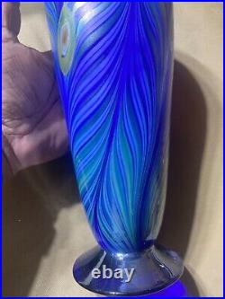 Liberty Village 1979 Art Glass Pulled Feather Iridescent Signed Vase-10.75 Tall