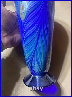 Liberty Village 1979 Art Glass Pulled Feather Iridescent Signed Vase-10.75 Tall