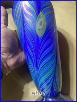 Liberty Village 1979 Art Glass Pulled Feather Iridescent Signed Vase-10.75 Tall