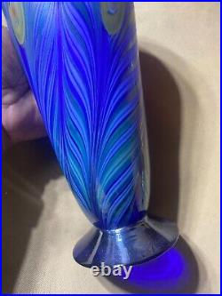 Liberty Village 1979 Art Glass Pulled Feather Iridescent Signed Vase-10.75 Tall