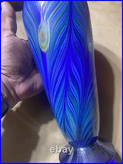 Liberty Village 1979 Art Glass Pulled Feather Iridescent Signed Vase-10.75 Tall