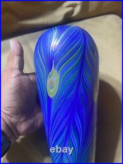 Liberty Village 1979 Art Glass Pulled Feather Iridescent Signed Vase-10.75 Tall