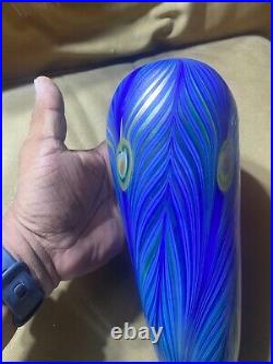 Liberty Village 1979 Art Glass Pulled Feather Iridescent Signed Vase-10.75 Tall