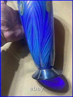 Liberty Village 1979 Art Glass Pulled Feather Iridescent Signed Vase-10.75 Tall