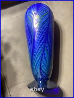 Liberty Village 1979 Art Glass Pulled Feather Iridescent Signed Vase-10.75 Tall