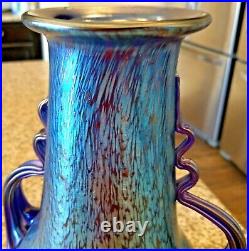 Loetz Signed Czech Bohemian Glass Papillon Iridescent Cobalt Oil Spot Vase 10.5