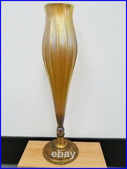Louis Comfort TIFFANY Furnaces Favrile Glass Ribbed Vase Bronze Signed Antique