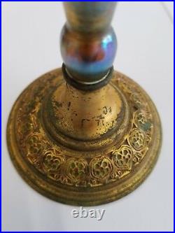 Louis Comfort TIFFANY Furnaces Favrile Glass Ribbed Vase Bronze Signed Antique