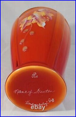 Ltd Ed Fenton Persimmon Amberina Paneled Vase Autumn Leaves Berries Signed