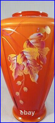 Ltd Ed Fenton Persimmon Amberina Paneled Vase Autumn Leaves Berries Signed