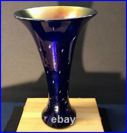 Lundberg Studio Starry Night Art Glass BLUE Luster Trumpet Vase 10.5 SIGNED