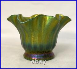 Lundberg Studios Art Glass Green Iridescent 4.5 Fluted Vase. Signed & Mint