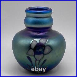 Lundberg Studios Art Glass Vase Iridescent Blue With Flowers 2.5 Tall Signed