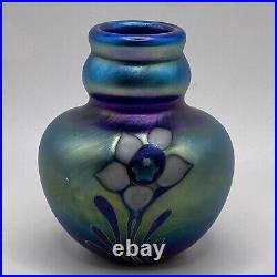Lundberg Studios Art Glass Vase Iridescent Blue With Flowers 2.5 Tall Signed