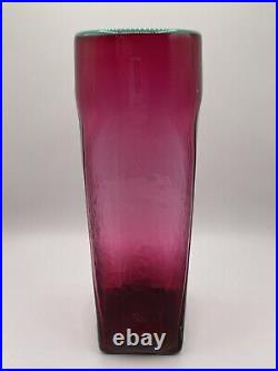Michael Sosin Art Glass Vase Cranberry Green Rim Handblown Optic 9.5 Signed