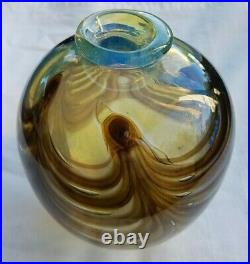 Mid Century Studio Art Glass Iridescent Pulled Feather Vase, Signed