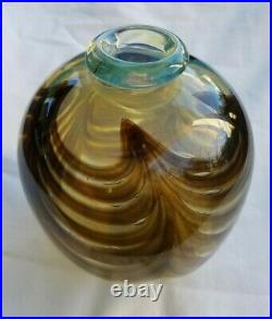 Mid Century Studio Art Glass Iridescent Pulled Feather Vase, Signed