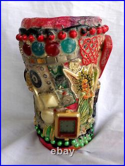 Mosaic Vase, Collage Sculpture, Memory Jug, Traditional Folk, Vintage Coke Glass