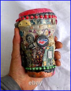 Mosaic Vase, Collage Sculpture, Memory Jug, Traditional Folk, Vintage Coke Glass