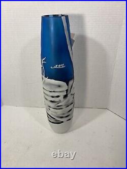 Mouth Blown Multi Layer Hand Carved 15 Art Glass Vase-Blue/White Scene-Signed