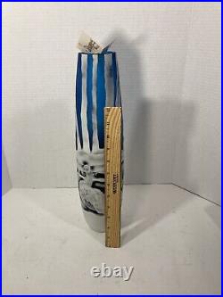 Mouth Blown Multi Layer Hand Carved 15 Art Glass Vase-Blue/White Scene-Signed
