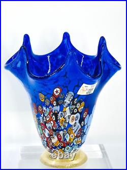 Murano Art Glass Milifiori Fazzoletto Vase Royal Blue Signed by Artist
