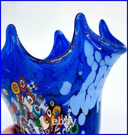 Murano Art Glass Milifiori Fazzoletto Vase Royal Blue Signed by Artist